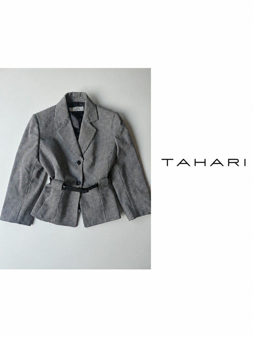 Tahari Arthur S. Levine Petite 8P Houndstooth Wool Blend Belted Blazer Black Whi